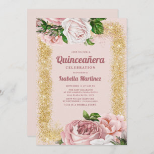 Elegant Pink Floral Roses Gold Glitter Quinceañera Invitation