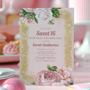 Elegant Pink Floral Roses Gold Glitter Sweet 16 Invitation