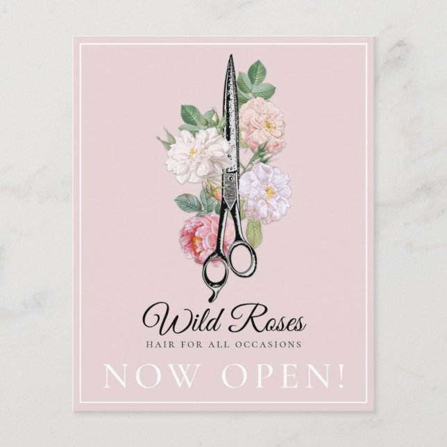 Elegant Pink Floral Roses Hairstylist Flyer (Front)