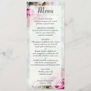 Elegant Pink Floral Roses & Peony Buds Wedding Menu
