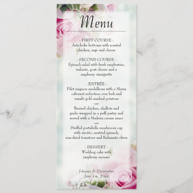 Elegant Pink Floral Roses & Peony Buds Wedding Menu (Front)