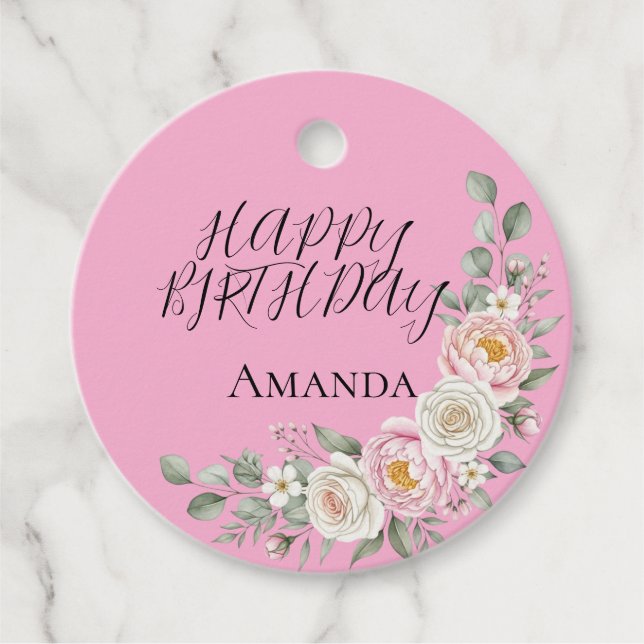 Elegant Pink Floral Round Personalised Favour Tag (Front)