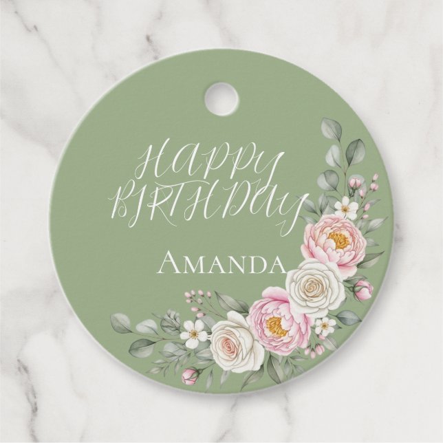 Elegant Pink Floral Round Personalised Favour Tag (Front)