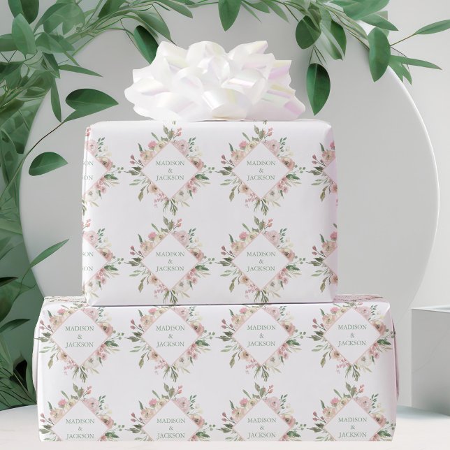 Elegant Pink Floral Sage Typography Custom Wedding Wrapping Paper (Creator Uploaded)