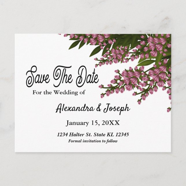Elegant Pink Floral Save The Date Postcard (Front)