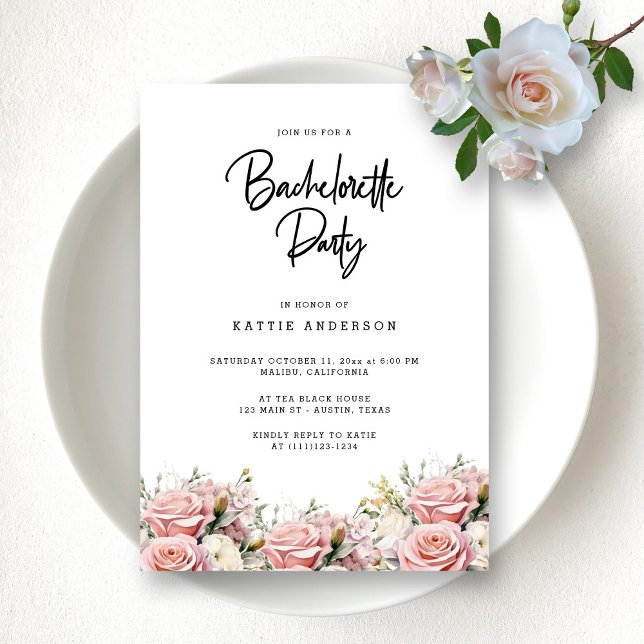 Elegant Pink Floral Script Bachelorette Party Invitation (Modern Rose Blooms Bachelorette Party Invitation)