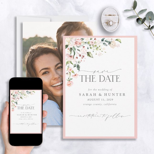 Elegant Pink Floral Script Photo Wedding Save The Date (Creator Uploaded)