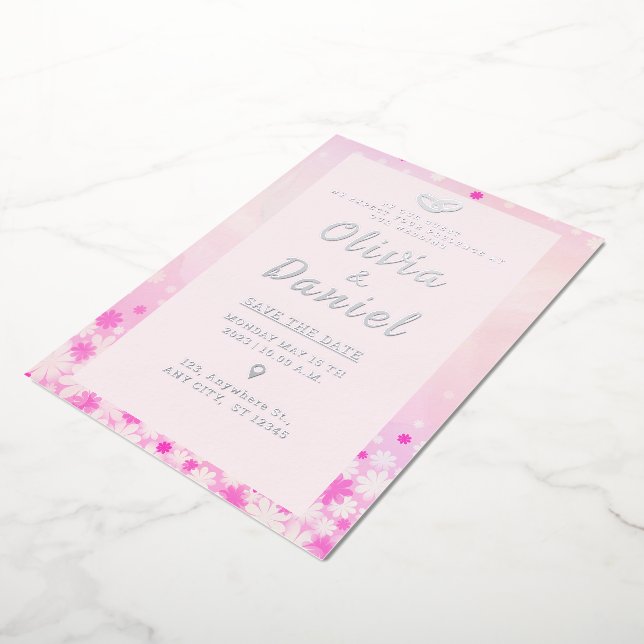 Elegant Pink Floral Silver Foil Invitation (Rotated)