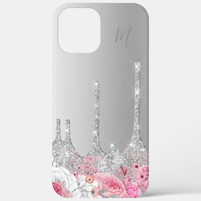 Elegant pink floral silver glitter drips monogram Case-Mate iPhone case (Back)