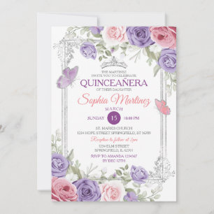 Elegant Pink Floral Silver Purple Girl Quinceañera Invitation