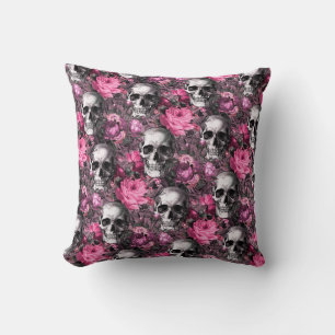 Elegant Pink Floral Skull Cushion