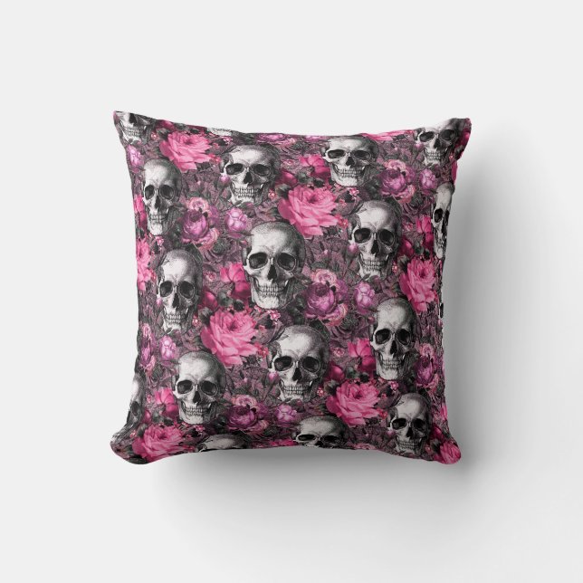 Elegant Pink Floral Skull Cushion (Front)