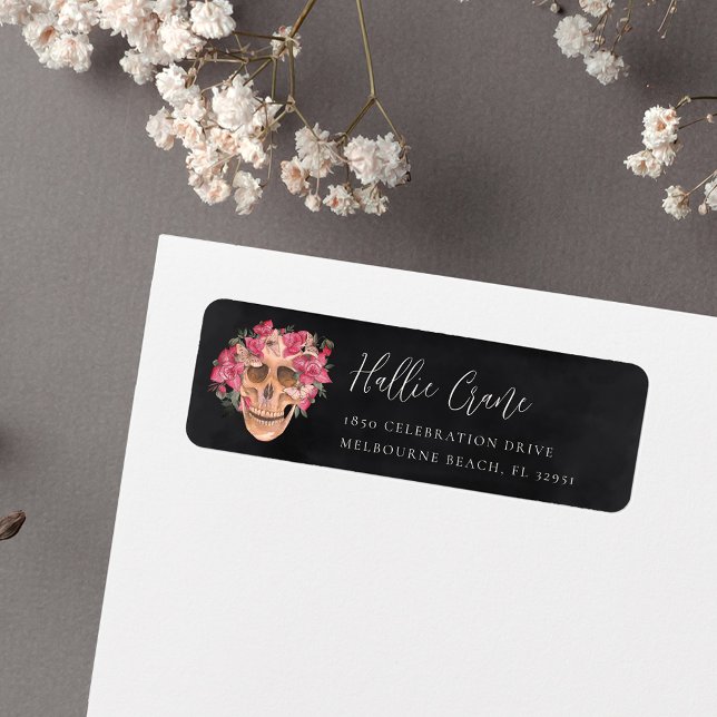 Elegant Pink Floral Skull Halloween Return Address Label (Creator Uploaded)