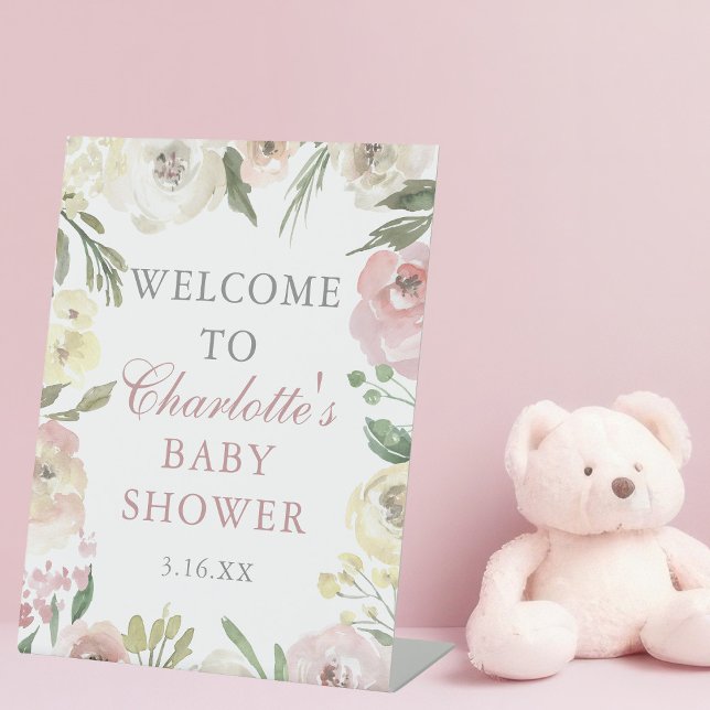 Elegant Pink Floral Spring Baby Shower Welcome Pedestal Sign (Creator Uploaded)