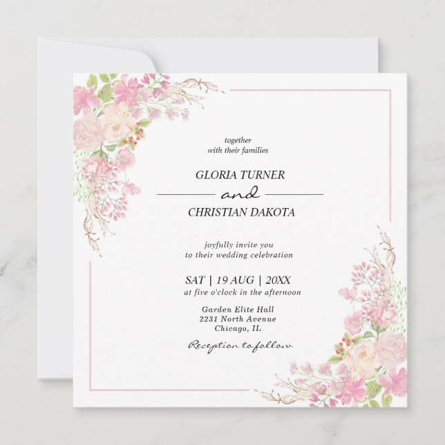 Elegant Pink Floral Square Wedding Invitation (Front)