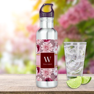 Elegant Pink Floral Stripe Monogram Personalise 710 Ml Water Bottle