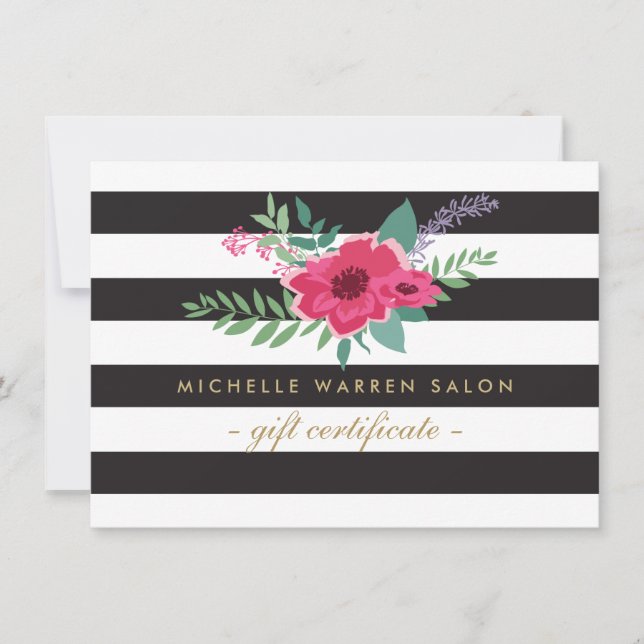 Elegant Pink Floral Striped Salon Gift Certificate (Front)