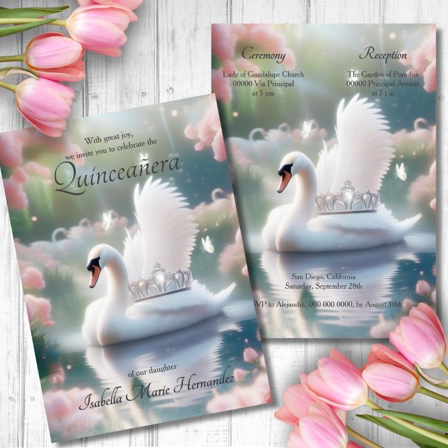 Elegant Pink Floral Swan Silver Tiara Quinceañera Invitation (Creator Uploaded)