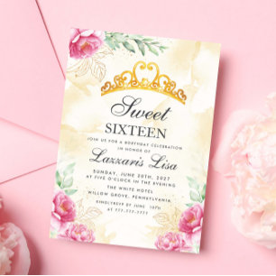 Elegant Pink Floral Sweet Sixteen Gold Birthday  Invitation