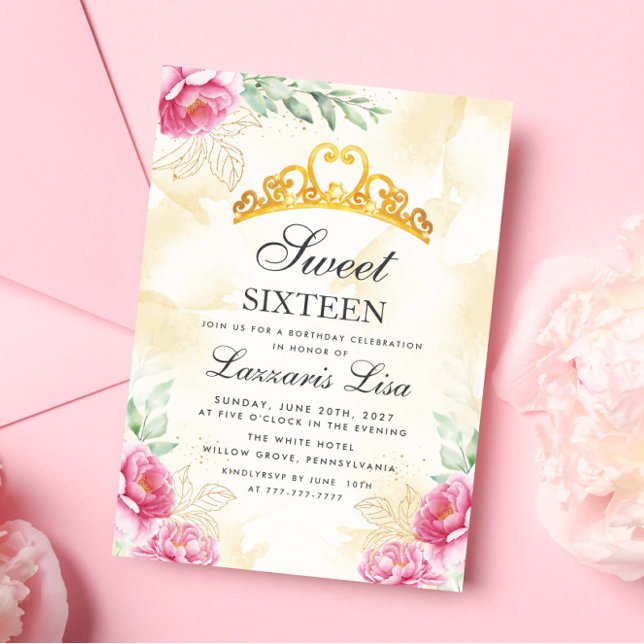 Elegant Pink Floral Sweet Sixteen Gold Birthday  Invitation (Creator Uploaded)