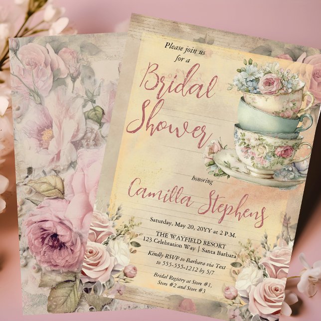 Elegant Pink Floral Tea Cups Bridal Shower Tea  Invitation (Elegant Pink Floral Tea Cups Vintage Look Bridal Shower Tea Invitation)