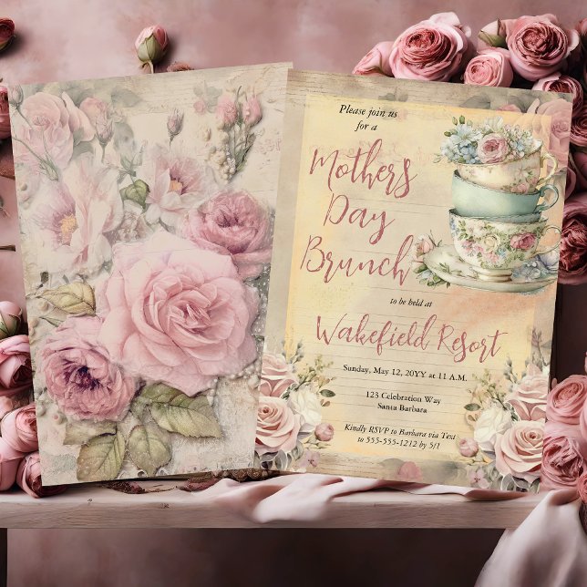 Elegant Pink Floral Tea Cups Mother's Day Brunch Invitation (Elegant Pink Floral Tea Cups Mother's Day Brunch Invitation)