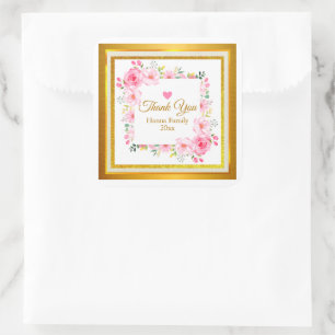 Elegant Pink Floral Thank You Wedding Favour Square Sticker