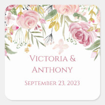 Elegant Pink Floral Typography Wedding Square Stic