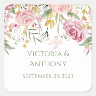 Elegant Pink Floral Typography Wedding Square Sticker