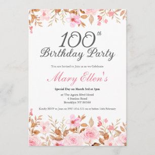 Elegant Pink Floral Watercolor 100th Birthday Invitation