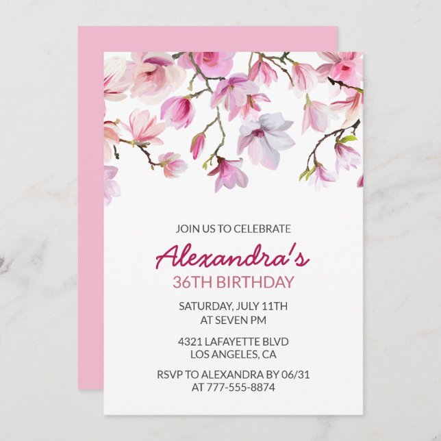 Elegant Pink Floral Watercolor 36th birthday Invitation (Front/Back)