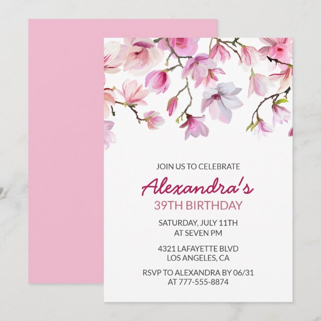 Elegant Pink Floral Watercolor 39th birthday Invitation (Front/Back)