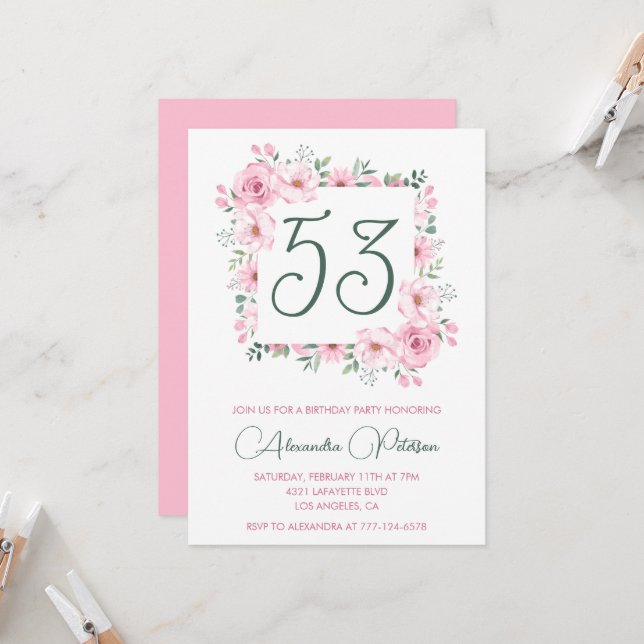 Elegant Pink Floral Watercolor 53rd birthday  Invitation (Front/Back In Situ)
