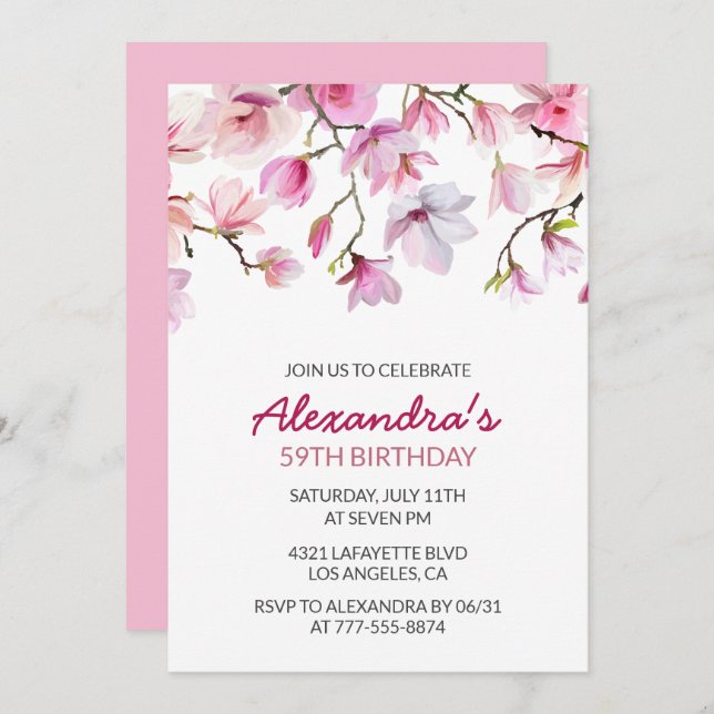 Elegant Pink Floral Watercolor 59th birthday Invitation (Front/Back)