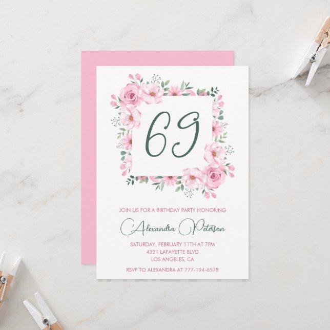 Elegant Pink Floral Watercolor 69th birthday  Invitation (Front/Back In Situ)