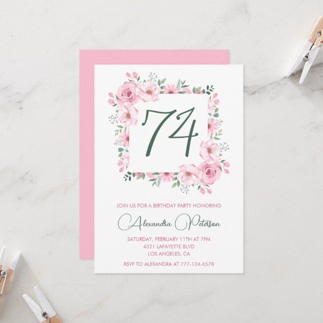 Elegant Pink Floral Watercolor 74th birthday  Invitation (Front/Back In Situ)