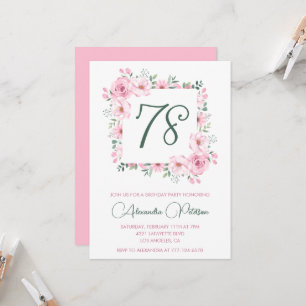 Elegant Pink Floral Watercolor 78th birthday Invitation