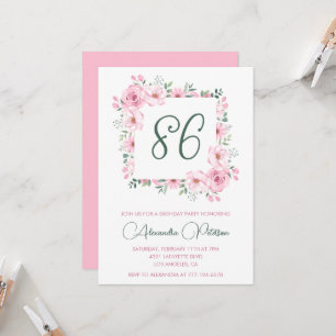 Elegant Pink Floral Watercolor 86th birthday Invitation