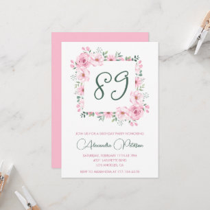 Elegant Pink Floral Watercolor 89th birthday Invitation