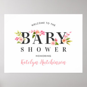 Elegant Pink Floral Watercolor Baby Shower Welcome Poster