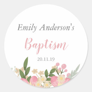 Elegant Pink Floral Watercolor Baptism Sticker