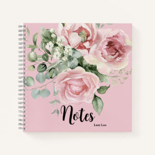 Elegant Pink Floral Watercolor Custom Name  Notebook