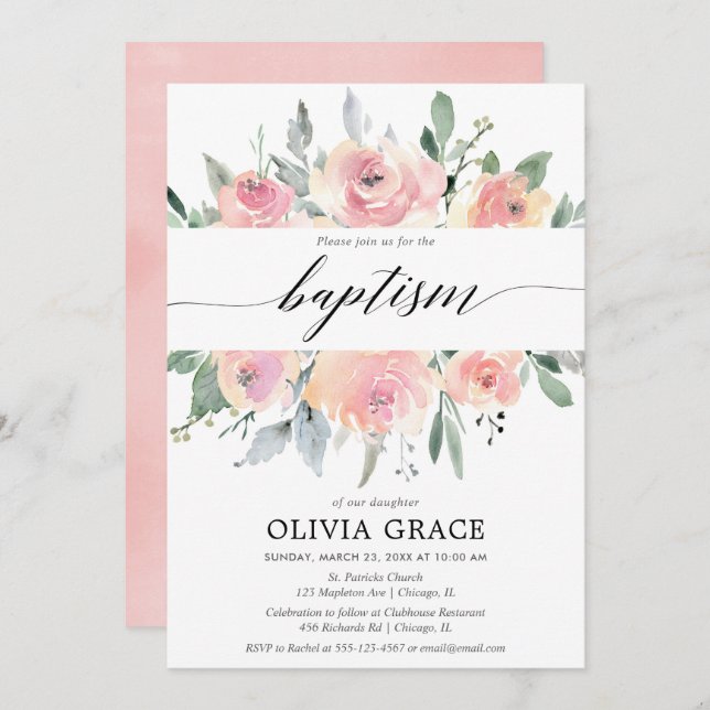 Elegant pink floral watercolor girl baptism invitation (Front/Back)