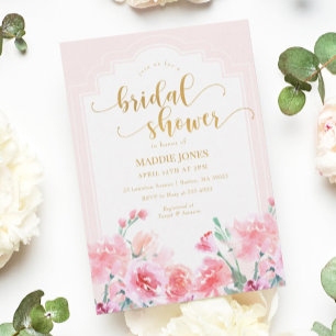 Elegant Pink Floral Watercolor Gold Bridal Shower Invitation