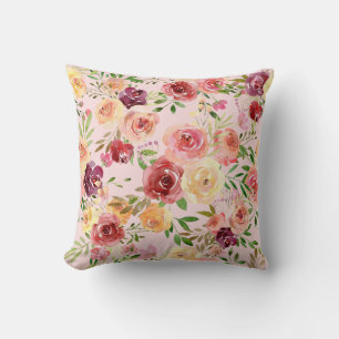 Elegant Pink Floral Watercolor Peony Flower Cushion