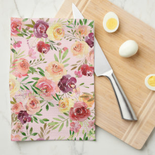 Elegant Pink Floral Watercolor Peony Flower Tea Towel