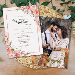 Elegant Pink Floral Watercolor Photo Wedding