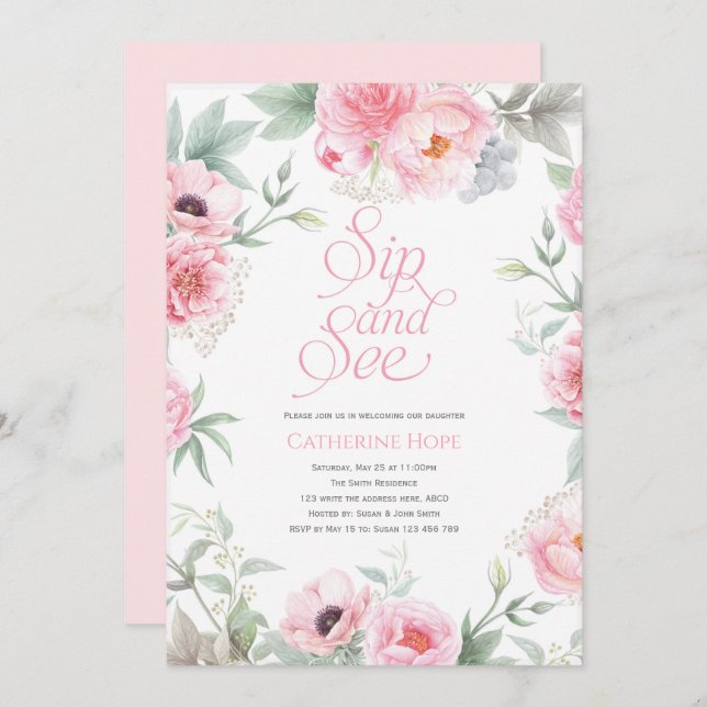 Elegant, Pink, Floral Watercolor, Sip and See Invitation (Front/Back)