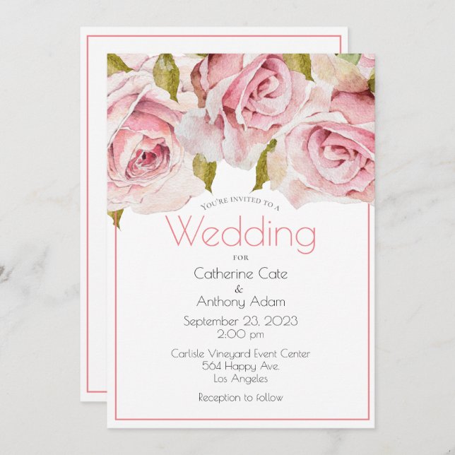 Elegant Pink Floral Watercolor Wedding  Invitation (Front/Back)