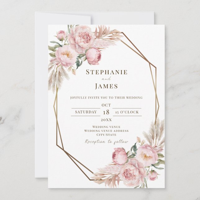 Elegant Pink Floral Watercolor Wedding Invitation (Front)